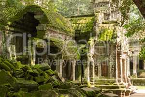 Moss-covered temple and fallen rocks in trees