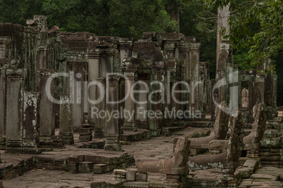 Ruined columns of Bayon temple in forest