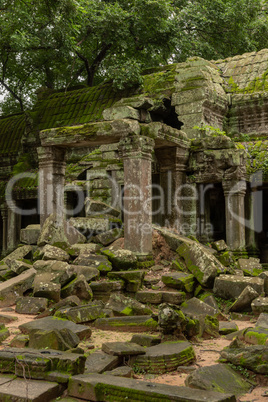 Ruined temple portico blocked by fallen rocks