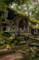 Ruins of temple entrance by fallen rocks
