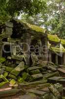 Ruins of temple entrance with fallen rocks