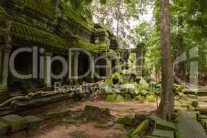 Temple colonnade and fallen rocks in forest