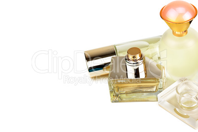 Perfume bottle isolated on white background. Free space for text