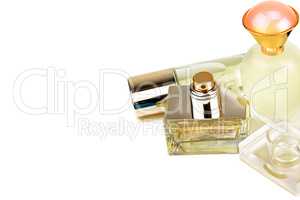 Perfume bottle isolated on white background. Free space for text