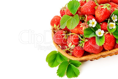 Wicker basket with red strawberries on white background . Free s