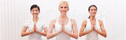 Panorama Group of Three Beautiful Women In Yoga Position