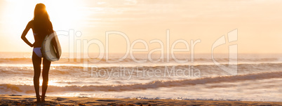 Woman Bikini Surfer & Surfboard Sunset Beach Panorama