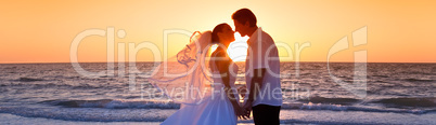 Bride and Groom Married Couple Kissing Sunset Beach Wedding