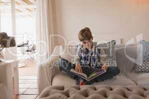 Boy reading a story book in living room