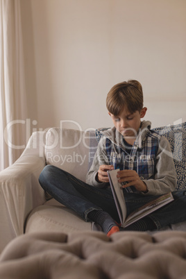 Boy reading a story book in living room