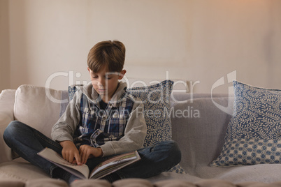 Boy reading a story book in living room