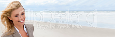 Panoramic Web Banner Beautiful Blond Woman At the Beach