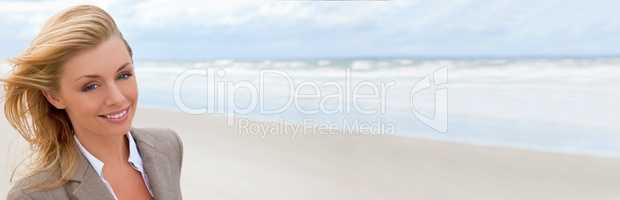 Panoramic Web Banner Beautiful Blond Woman At the Beach