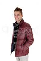 Portrait of a young smiling man in burgundy jacket