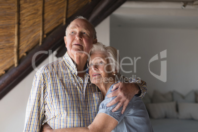 Senior couple embracing each other at home