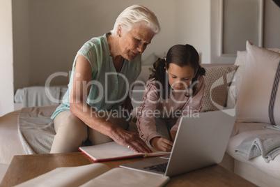 Grandmother helping her granddaughter with homework