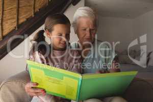 Grandmother and granddaughter reading story book