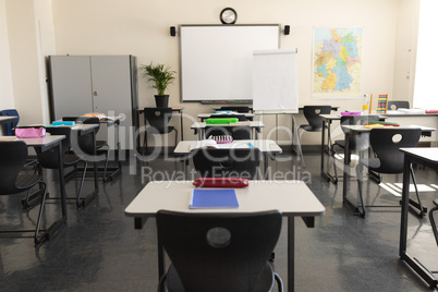 Classroom with desk and whiteboard in school