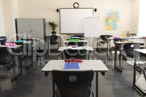 Classroom with desk and whiteboard in school