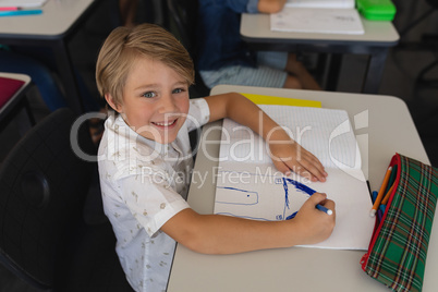 Schoolboy looking at camera while studying in classroom