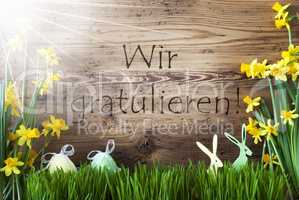 Sunny Easter Decoration, Grass, Wir Gratulieren Means Congratulations