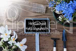 Sunny Spring Flowers, Sign, Herzlichen Glueckwunsch Means Congratulations