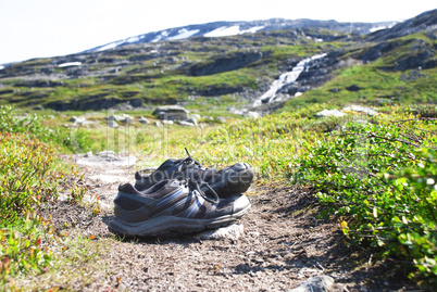 Shoes On Trekking Path In Norway, Beautiful Wilderness Scenery