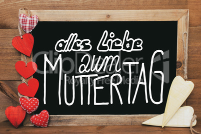 Chalkbord, Red And Yellow Hearts, Calligraphy Muttertag Means Happy Mothers Day