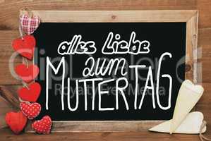 Chalkbord, Red And Yellow Hearts, Calligraphy Muttertag Means Happy Mothers Day