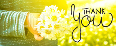 Child, Bouquet Of Daisy Flower, Calligraphy Thank You