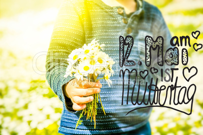 Child, Bouquet Of Daisy Flower, Calligraphy Muttertag Means Happy Mothers Day