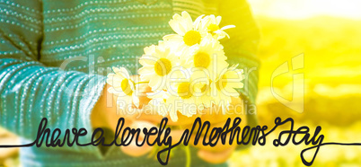 Child, Bouquet Of Daisy Flower, Calligraphy Have A Lovely Mothers Day