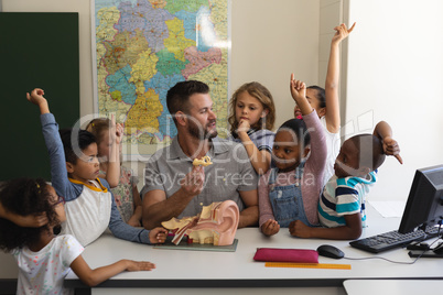 Front view of schoolkids raising hands while teacher teaching anatomy at desk in classroom