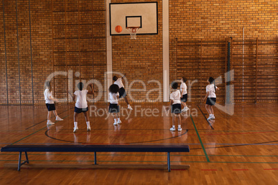 Schoolkids playing basketball at basketball court