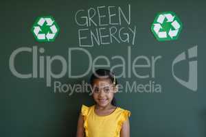 Smiling schoolgirl standing against green energy board in classroom
