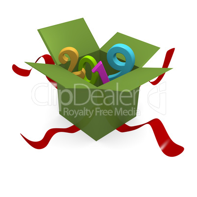 Open gift box with the Year 2019, 3d illustration