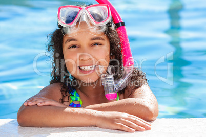 African American Biracial Girl Child In Swimming Pool