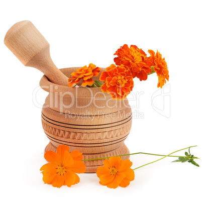 Wooden pestle and mortar isolated on white background