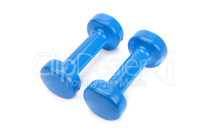 Pair of blue dumbbells isolated on a white background.