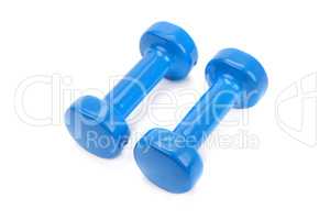 Pair of blue dumbbells isolated on a white background.