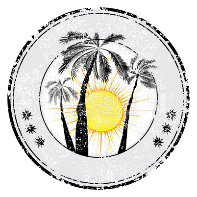 Tropical grunge rubber stamp with palm sun space for your text , vector illustration