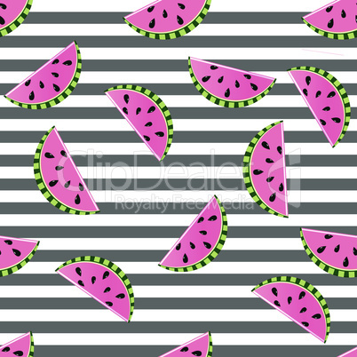 Seamless background watermelon slices on black and white stripes design for holiday greeting vector invitation of seasonal summer holidays, summer beach parties, tourism and travel