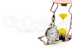 Pocket watch and hourglass isolated on white background. Free sp