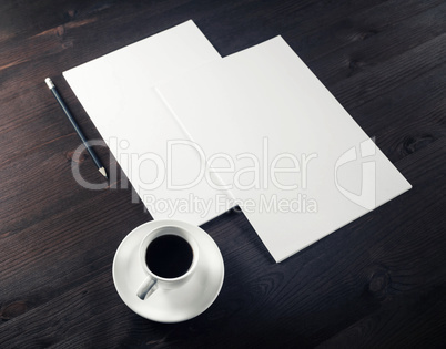 Letterheads, coffee cup, pencil