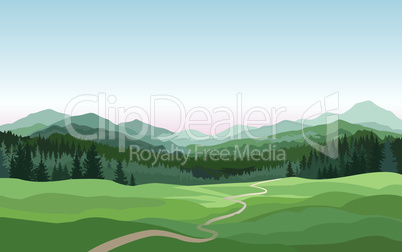 Rural landscape with mountains, hills, fields. Countryside nature skyline background