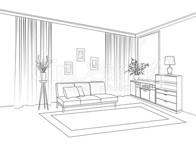 Home living room interior. Outline sketch of furniture with sofa