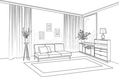 Home living room interior. Outline sketch of furniture with sofa, shelving, table. Living room drawing design. Engraving hand drawing illustration