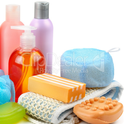 Shampoo, soap and bath sponge isolated on white background. Face