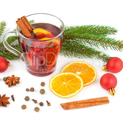 Hot red mulled wine isolated on white background with spices, or