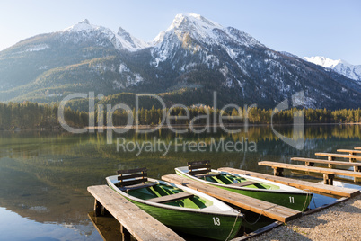 Famous lake Hintersee, Bavaria, with boats in foreground